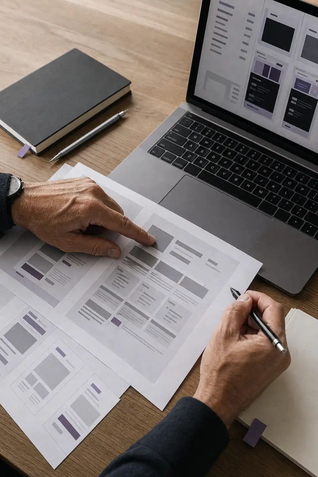 Website interface and structure being reviewed on a laptop