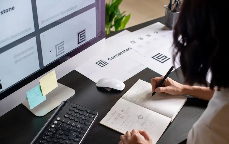 Two colleagues reviewing visual ideas together on a tablet